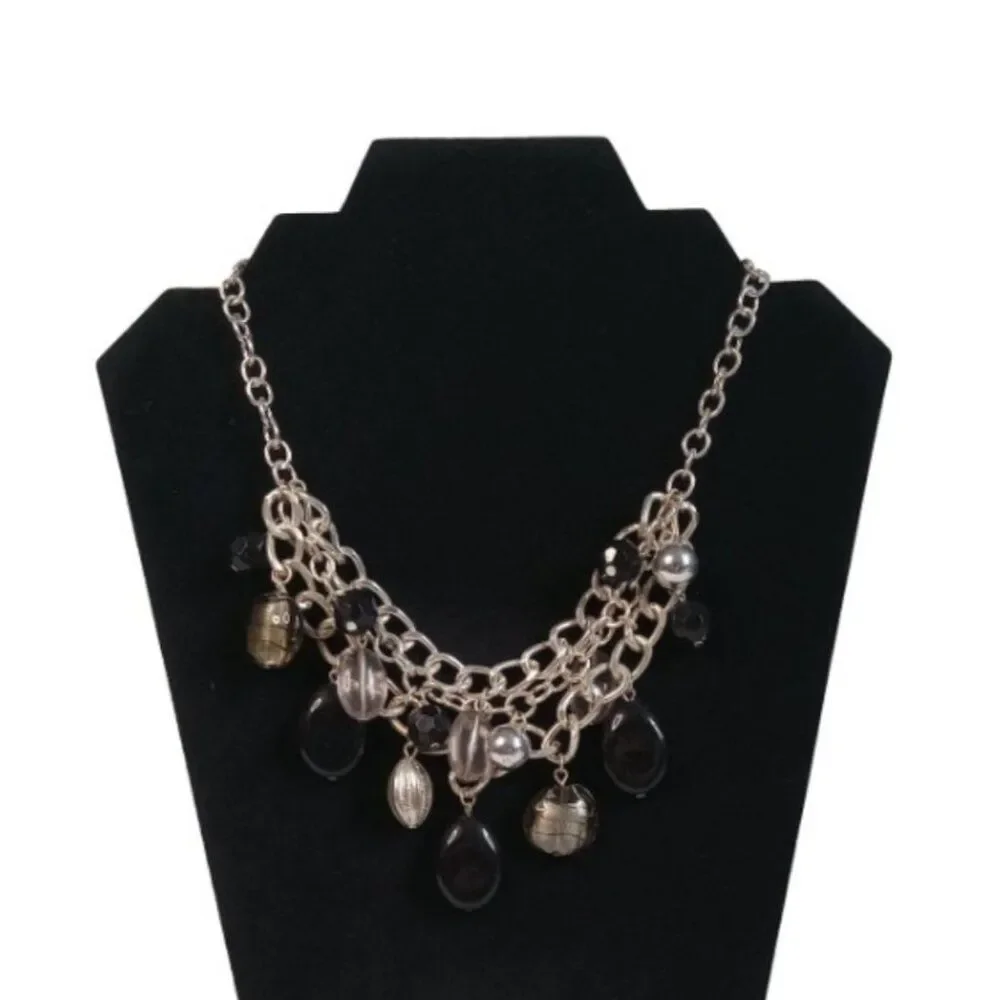 Black and Silver Toned Assorted Dangle Beads Bib Collar Style Statement Necklace